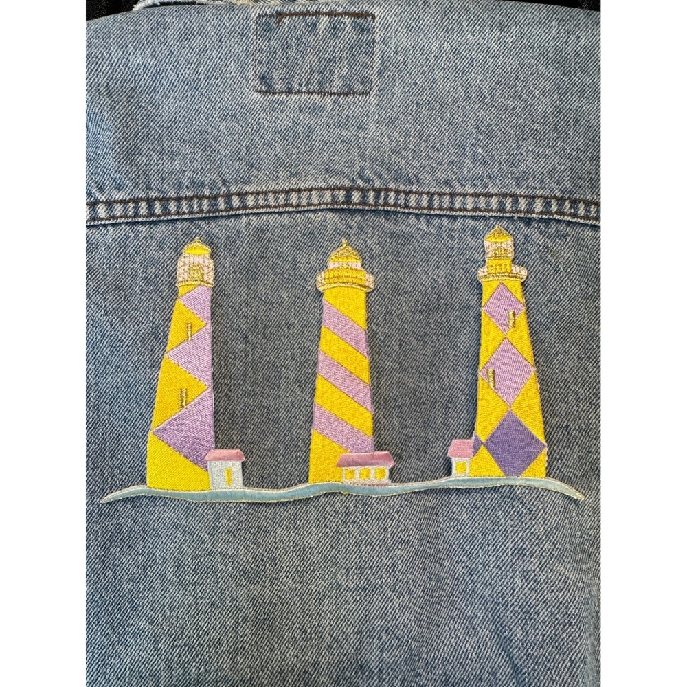 Lighthouse Trio iron On Patch Embroidered Pastel Yellow Pink Coastal Nautical